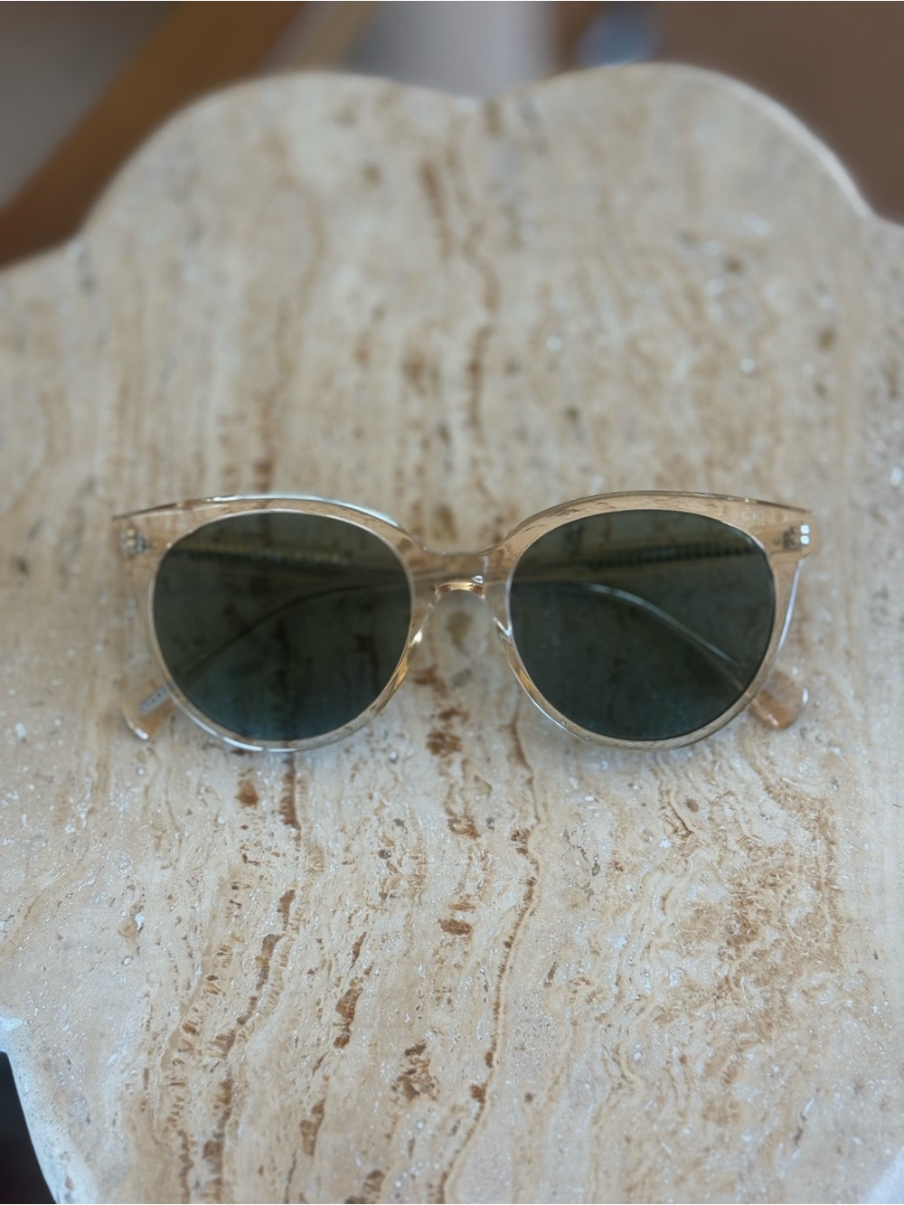 RAEN Clear Frame Sunglasses with Dark Green Lenses
